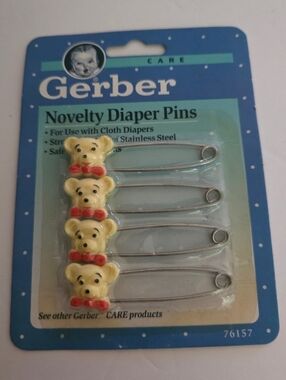 Vintage NEW 1991 SET OF 4 BABY GERBER NOVELTY DIAPER PINS YELLOW BEAR